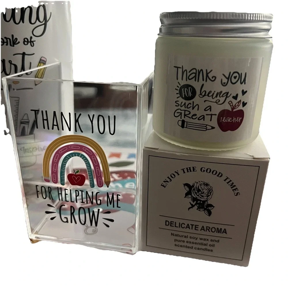 Best Teacher Ever Appreciation Box Of Gifts Tumbler Pen Candle Cards Pouch Heart